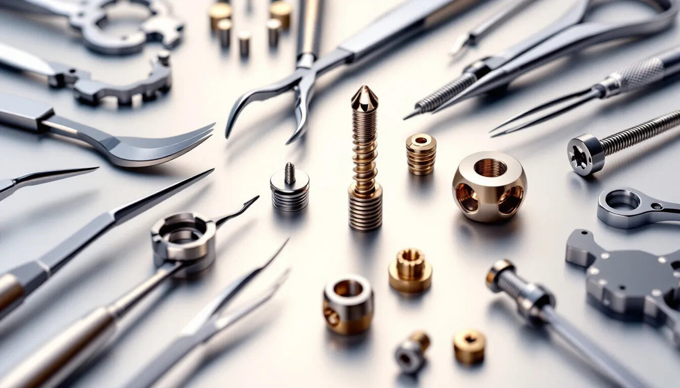 The image features a collection of precision machined medical instruments and implants, showcasing their exceptional surface finish. These components, produced through high precision CNC machining processes, exemplify the high accuracy and tight tolerances required in demanding medical applications.