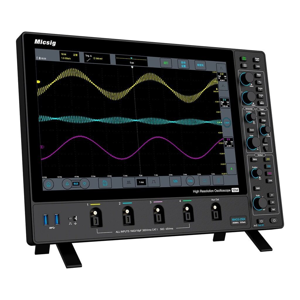 An oscilloscope displaying various waveforms.