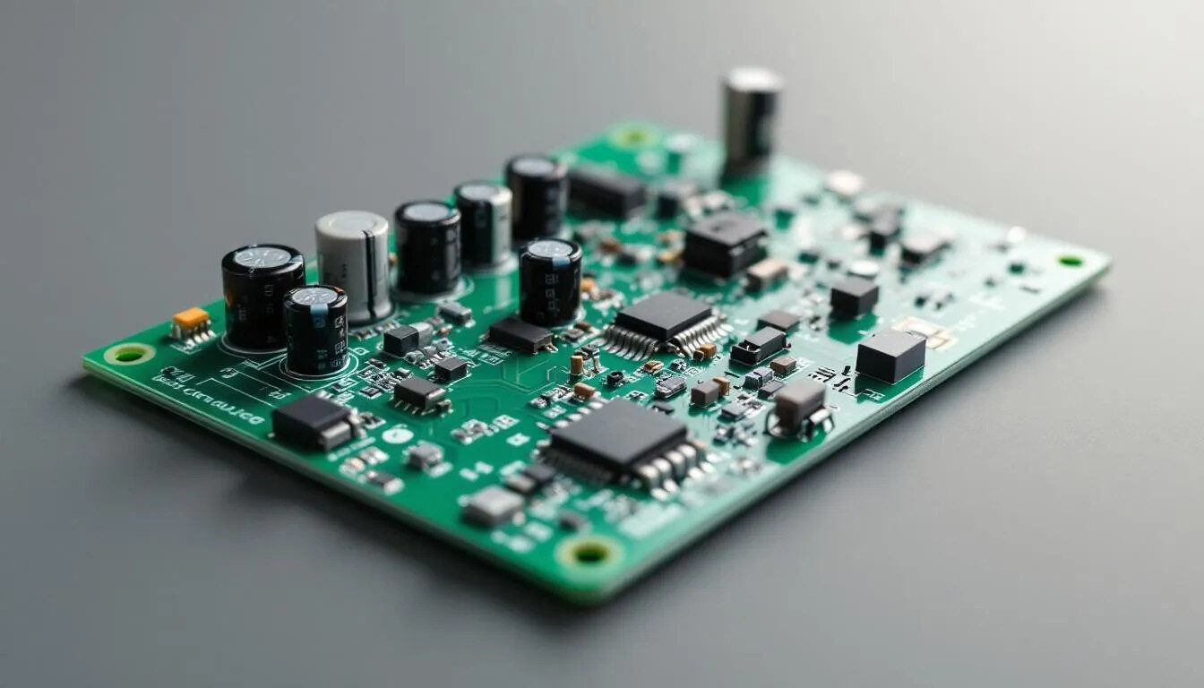 The image displays a variety of electronic components mounted on a green printed circuit board (PCB), showcasing different sizes and types, including surface mount technology and through hole components. This assembly highlights the intricate arrangement of solder connections and copper traces essential for the PCB assembly process.