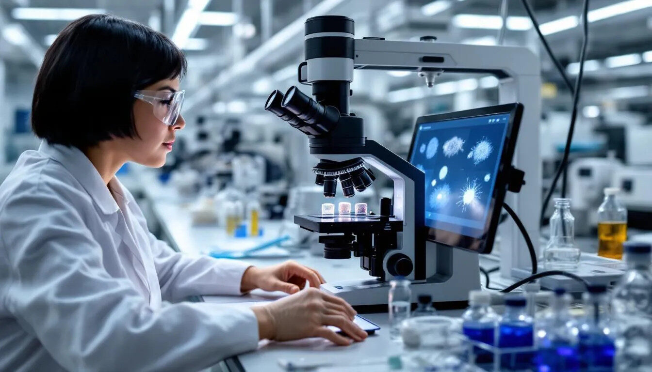 In a laboratory setting, a scientist is closely examining elemental materials using advanced microscopy equipment, focusing on the structural integrity and potential defects of electronic devices. The scene highlights the intricate analysis techniques and testing equipment essential for ensuring product reliability and compliance with international standards.