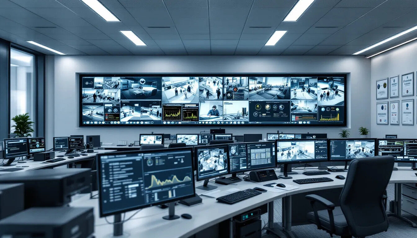 In the image, a modern security operations center is depicted, featuring advanced monitoring equipment and displays showcasing various international certifications. The environment highlights the importance of industry standards and practices in ensuring the integrity and reliability of security services for companies and their customers worldwide.