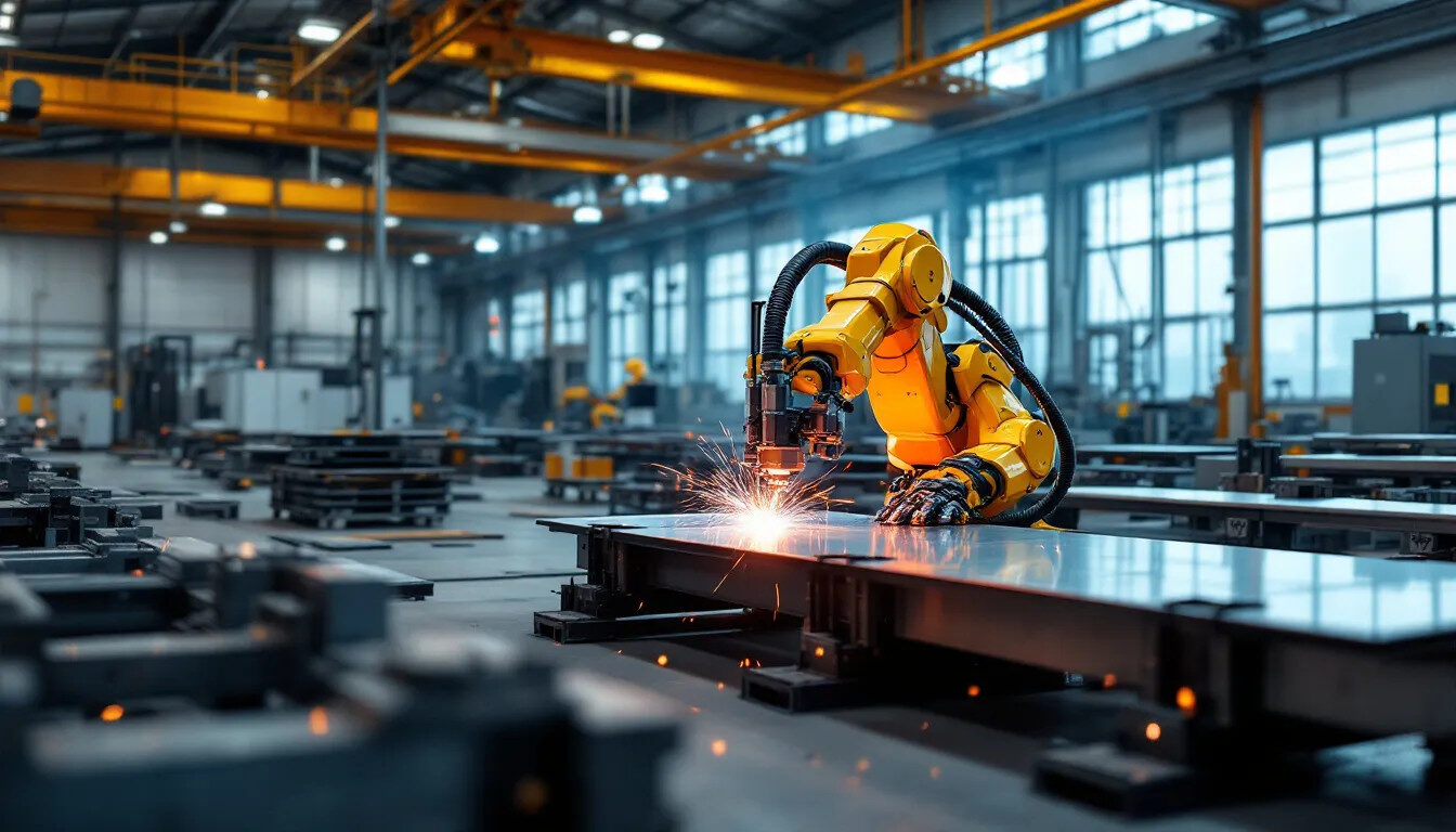 An automated robotic welding system is seen in a modern manufacturing facility, efficiently joining custom sheet metal components. This advanced setup showcases the precision sheet metal fabrication process, emphasizing the integration of metal components for high-quality production parts.