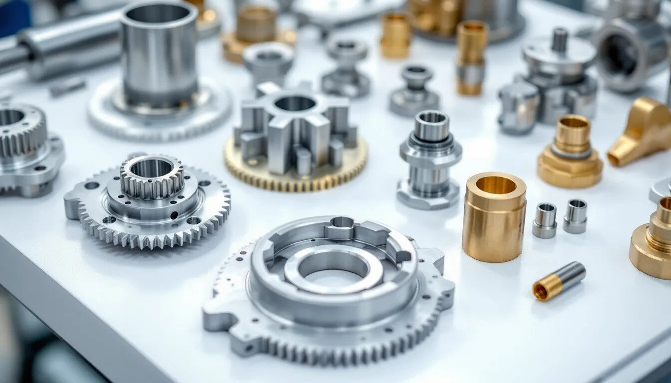 The image showcases a variety of precision machined components made from different materials, arranged neatly on an inspection table. These parts, which exemplify high precision CNC machining, highlight the diverse applications and manufacturing processes involved in CNC machining services.