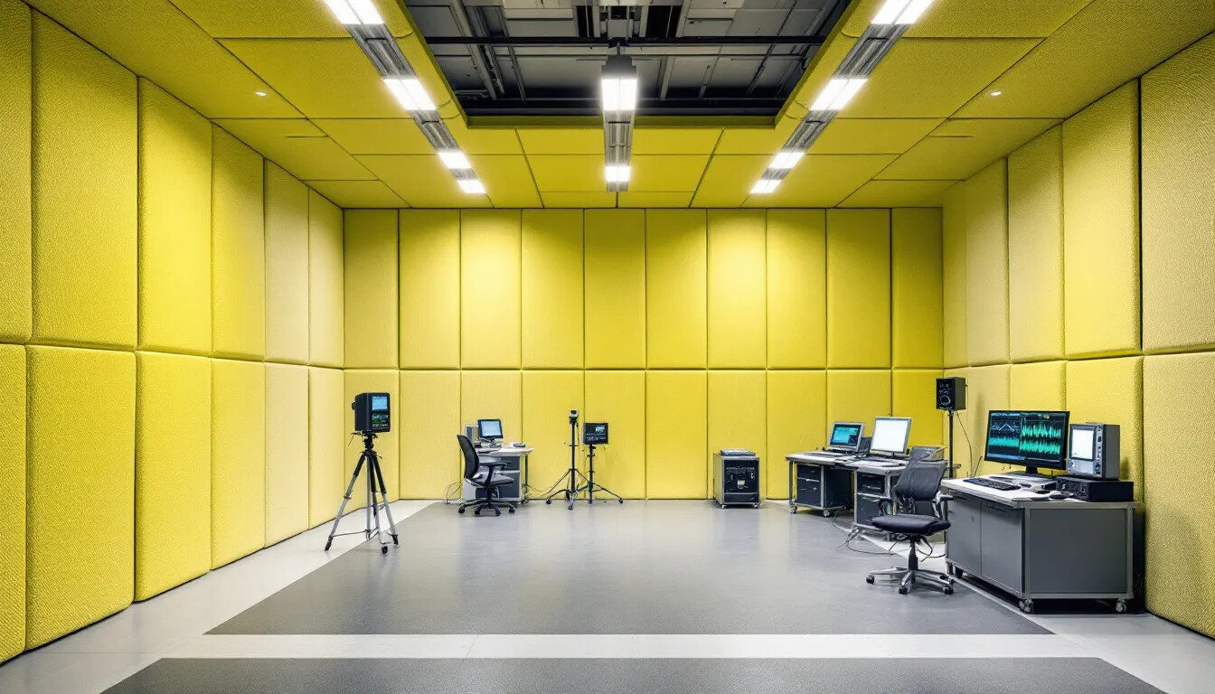 An image of a professional EMC testing facility featuring an anechoic chamber and various testing equipment designed for emissions and immunity testing of electronic devices. The setup illustrates the testing process for electromagnetic compatibility (EMC), showcasing the lab's expertise in ensuring compliance with regulatory requirements for manufacturers and clients in the electronics market.