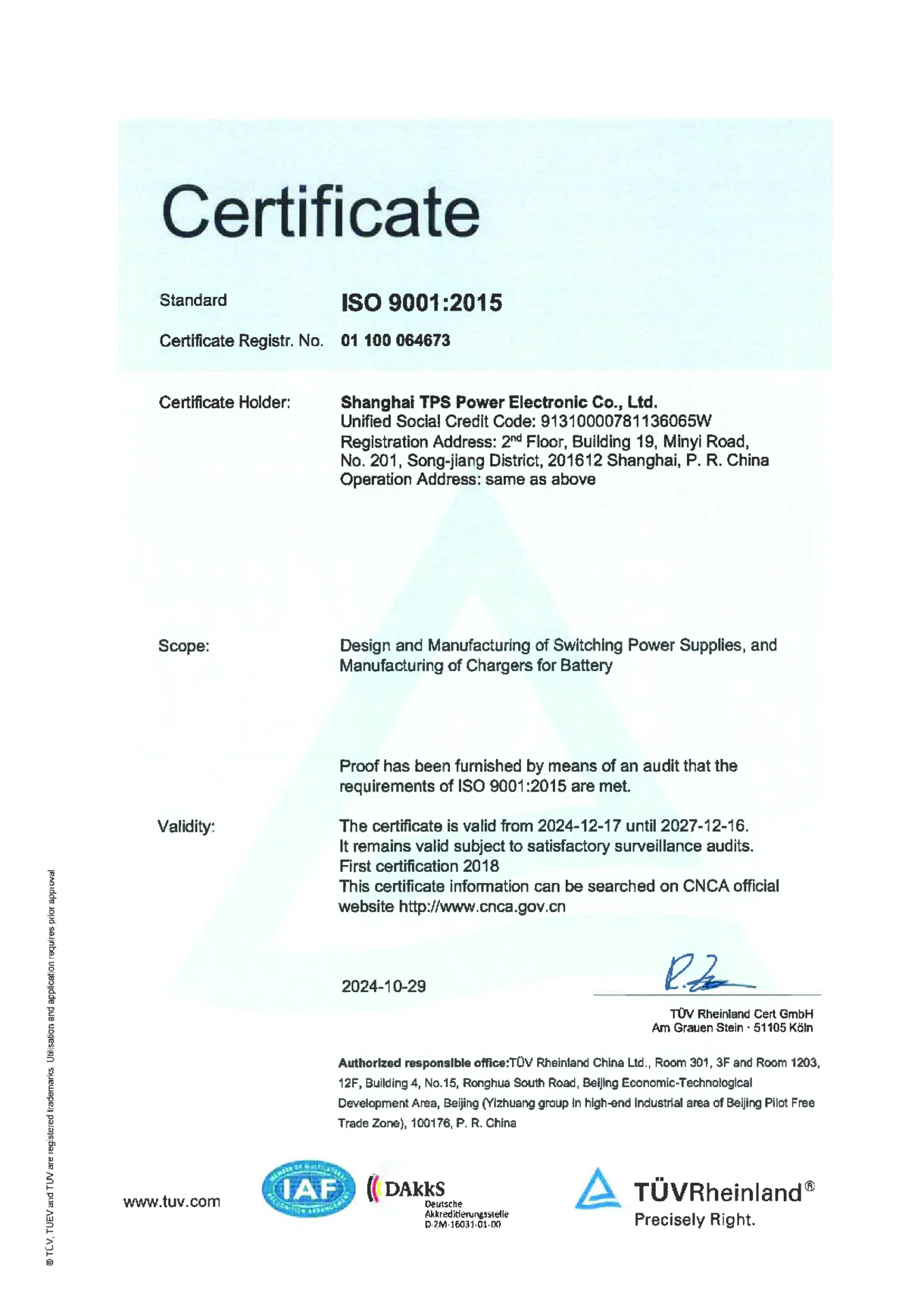 ISO 9001 Zertifikat der TPS Elektronik GmbH