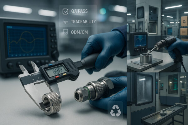 Case study cover showing industrial contract manufacturing of rugged connectors—forged shells, BNC/data connector assembly, IP67 waterproof testing, MIL-spec vibration tests, and RF validation.