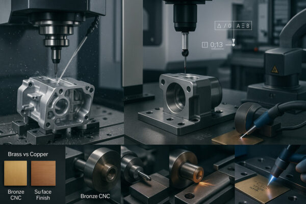 Precision machining case-study cover with 5-axis CNC on cast aluminum, CMM inspection, bronze turning, TIG tack welding, and fiber-laser etching on brass.