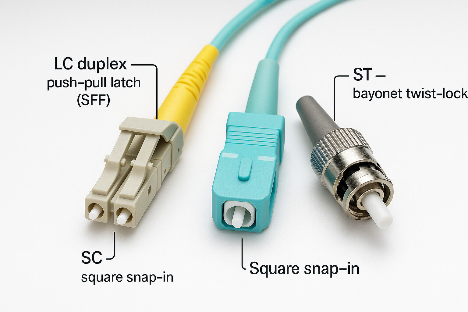 LC, SC, and ST fiber optic connectors side-by-side with callouts on latch/bayonet styles and ferrule details.
