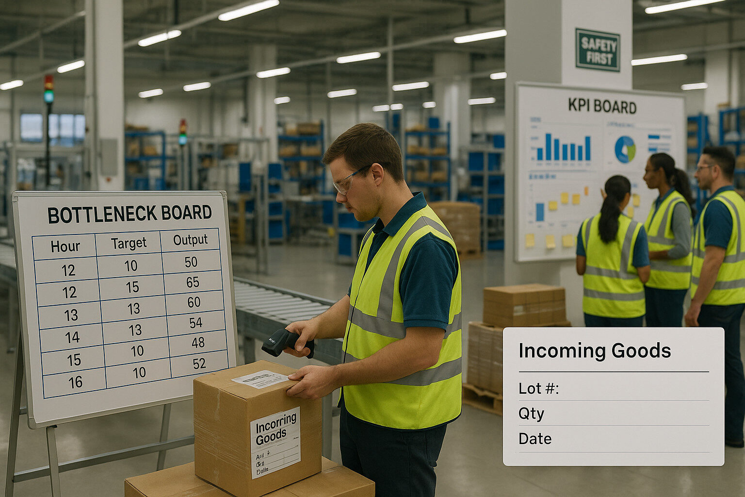 Production team reviewing KPI and incoming goods checks to improve production efficiency.