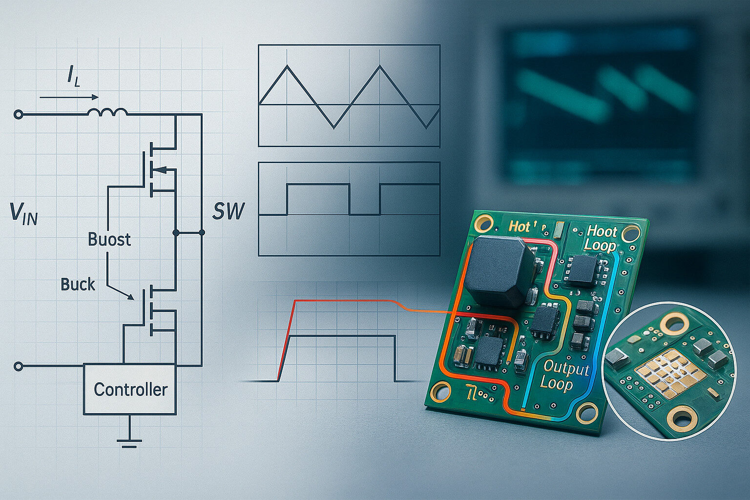 Non-inverting buck-boost schematic, switching waveforms, and a compact 4-layer PCB with highlighted current loops.