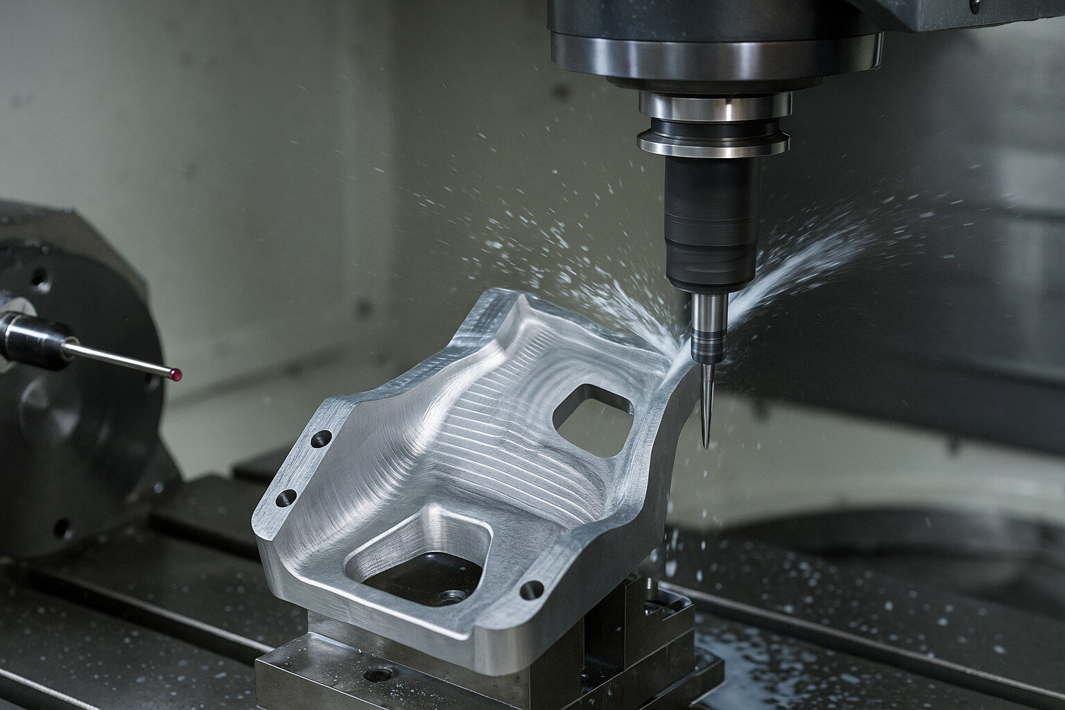 5-axis CNC mill executing high precision CNC machining with probing and through-spindle coolant.