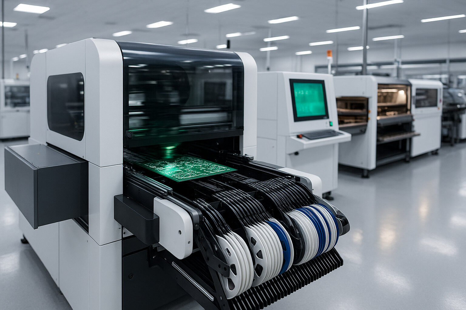 High-speed SMT line with AOI and a parallel THT solder cell in a modern EMSD factory.