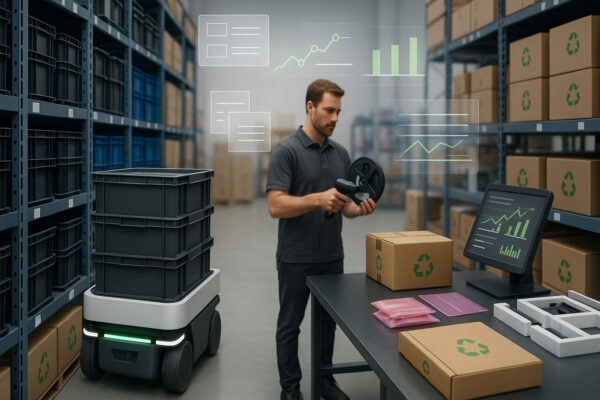 Smart electronics warehouse with AMR robot, barcode scanning, and a packaging line, with abstract Kanban/WMS dashboards in the background.