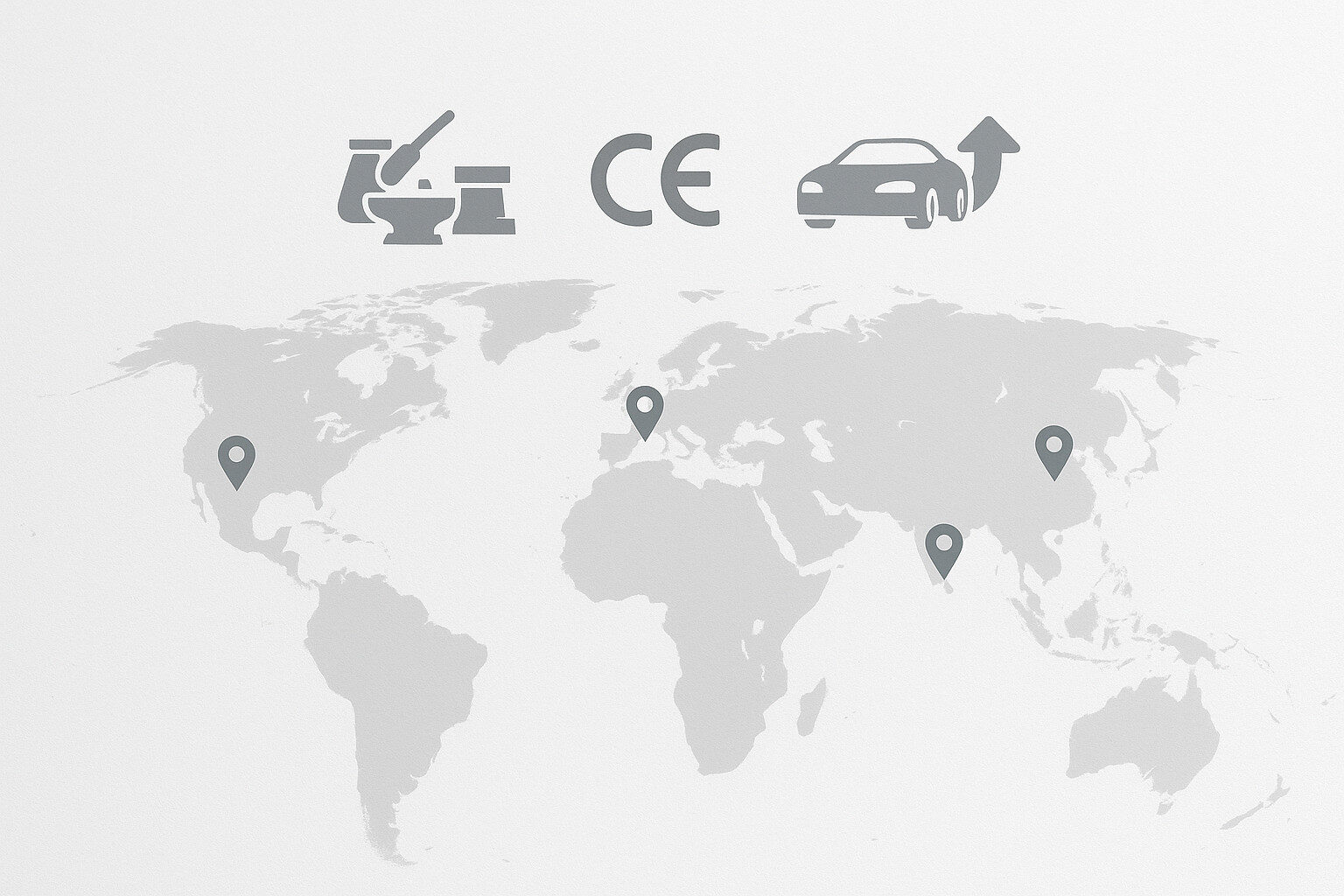 Global testing and certification network mapped across regions with icons for metallurgy, CE mark, and automotive programs.