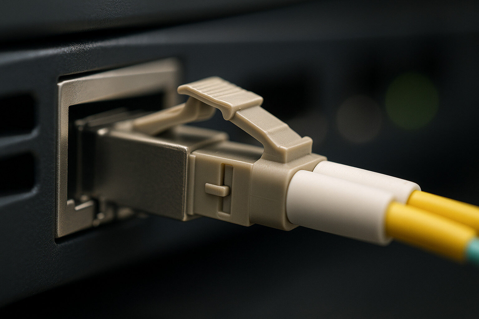 LC duplex connector seated in an SFP+ transceiver cage on a switch front panel.