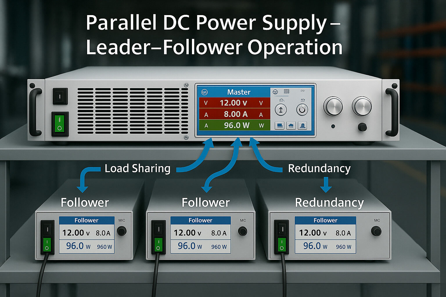 A Master-Slave Parallel DC Supply configuration using Programmable Power units, showing load distribution and synchronization for a 12kW industrial load.