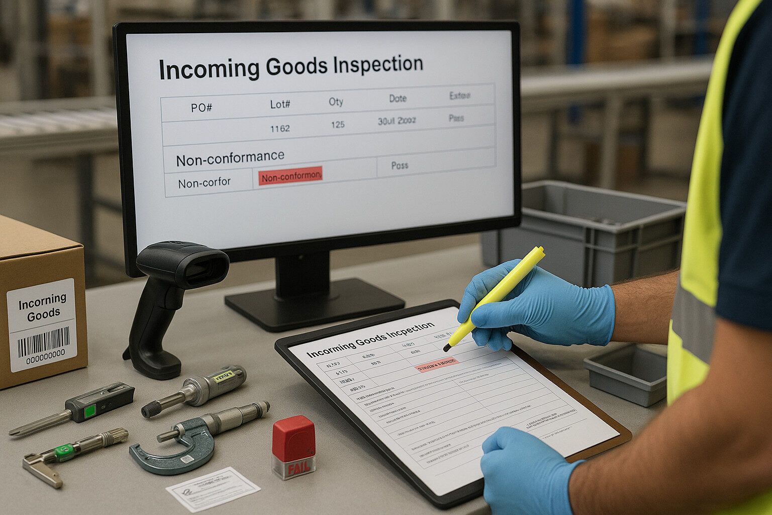 Receiving inspection station with standardized incoming goods inspection form and checklist.