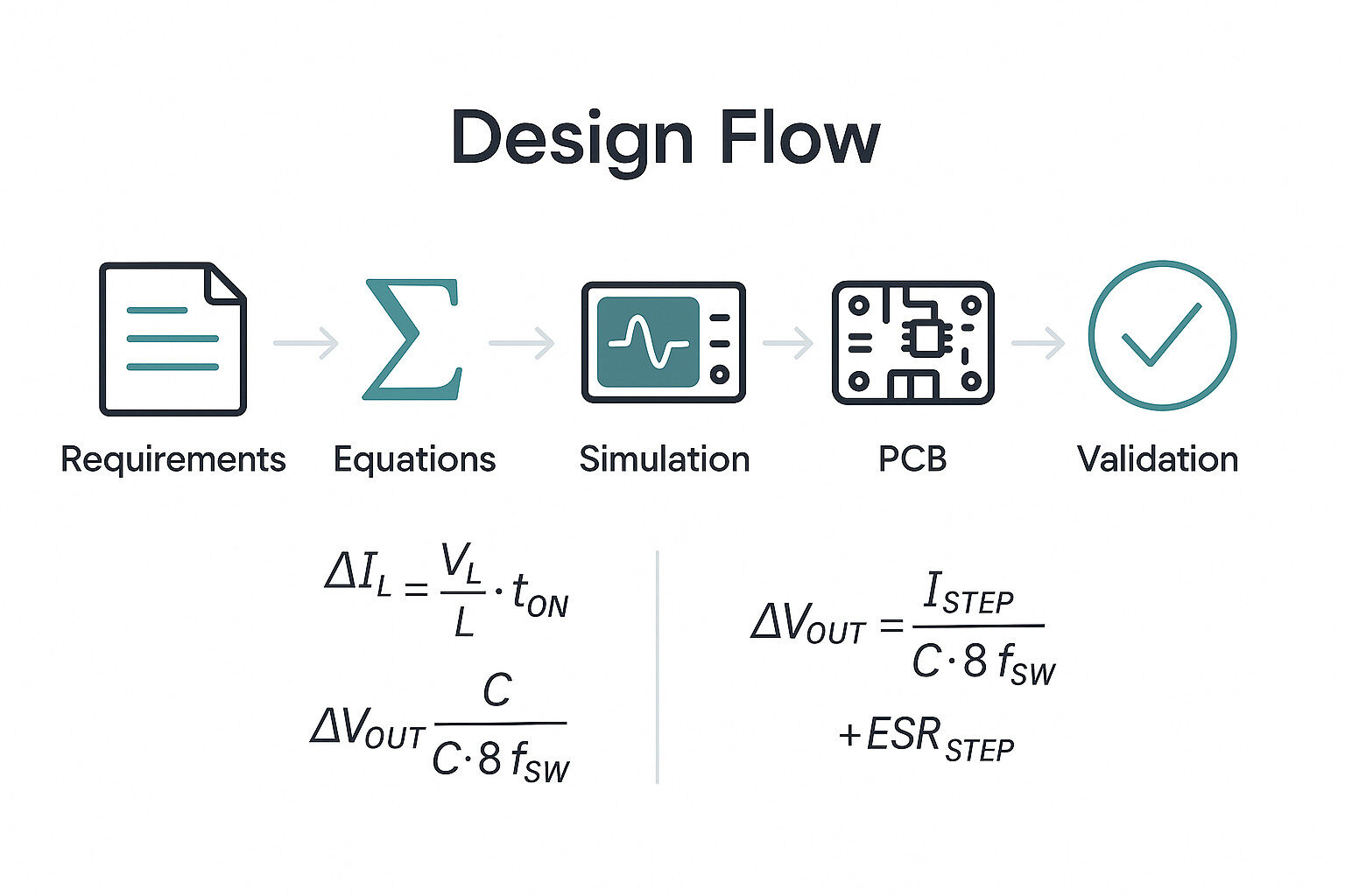 Design flow infographic from requirements to validation with key buck-boost sizing formulas.