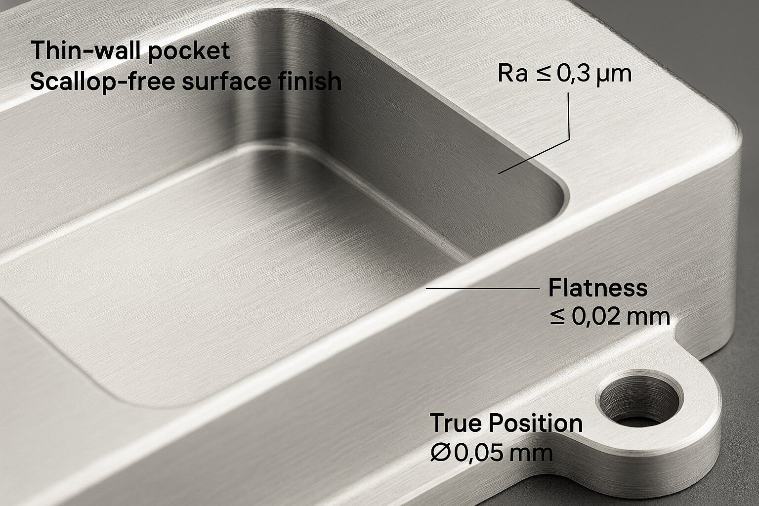 Close-up of a precision machining part showing thin-wall stability and controlled surface roughness.