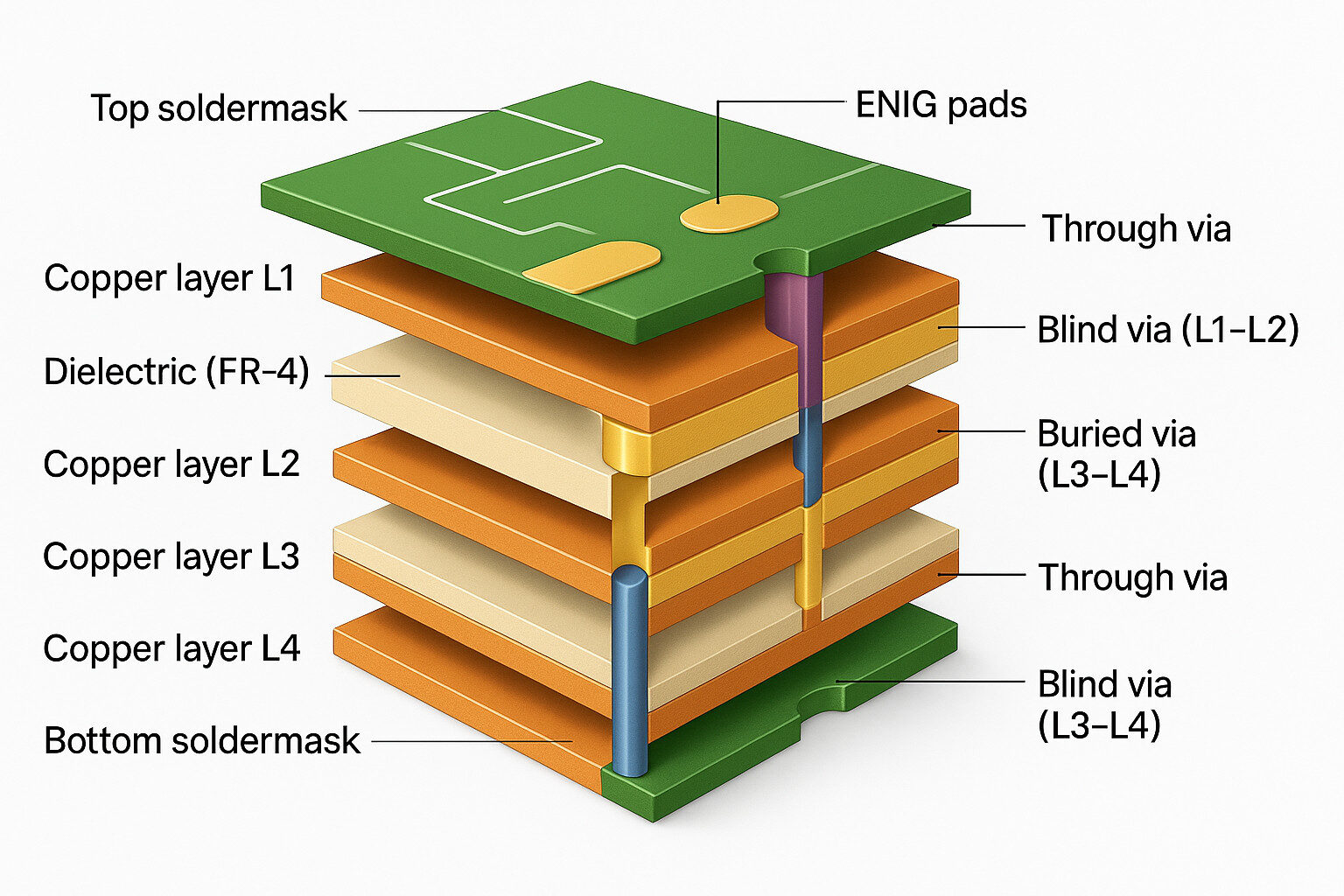 Six-layer PCB cutaway showing copper layers, dielectric, vias, soldermask, and ENIG pads.