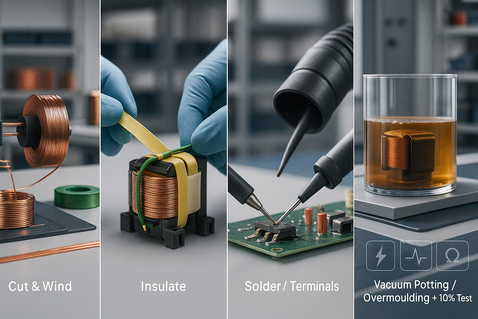 Process steps for winding goods: winding, insulation, termination, overmoulding, and electrical test.