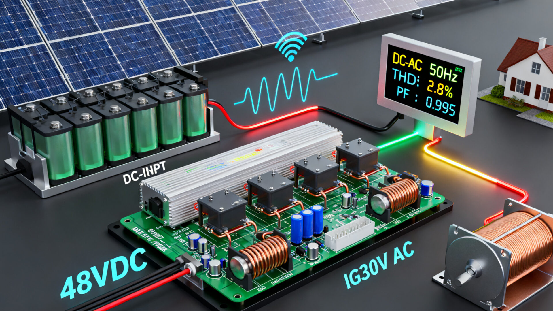 Der Akku ist an eine IGBT-basierte Wechselrichterschaltung angeschlossen. Der Wechselrichter gibt ein sinusförmiges Signal aus, das durch Induktoren und Kondensatoren gefiltert wird, bevor es in das Netz eingespeist wird.