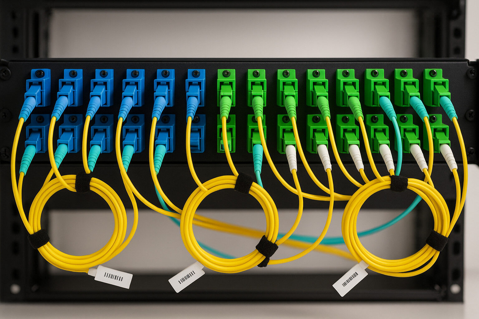 SC-UPC and SC-APC adapters on a panel with neatly dressed SC connector fiber jumpers.