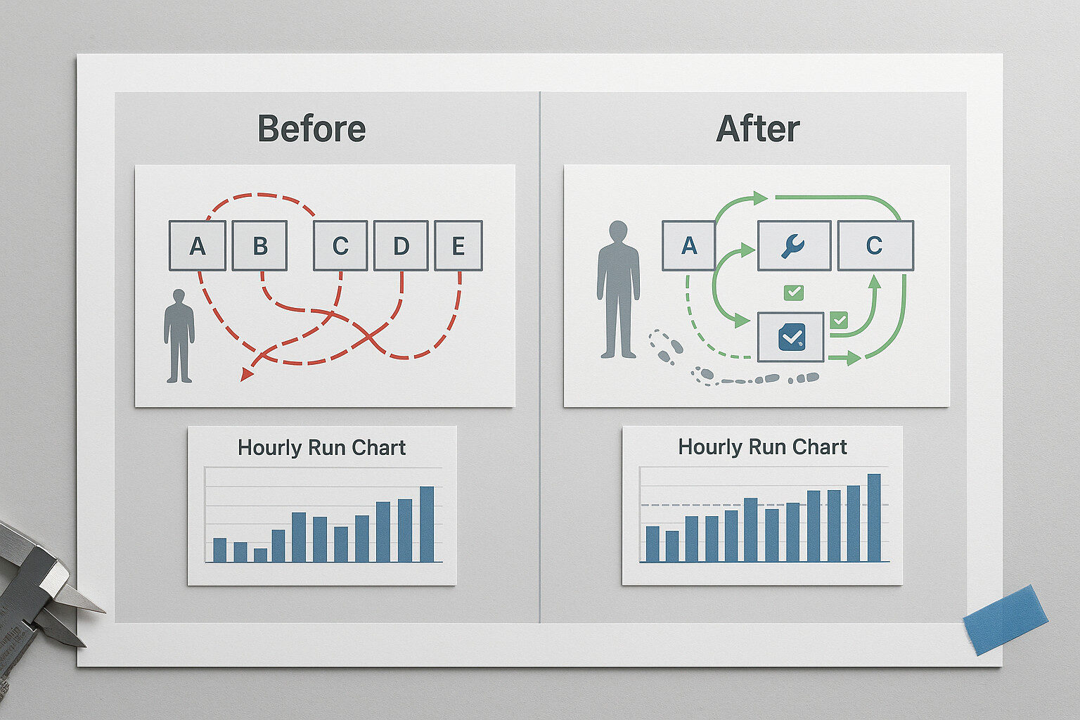 Before/after production cell redesign achieving how to improve production line efficiency.
