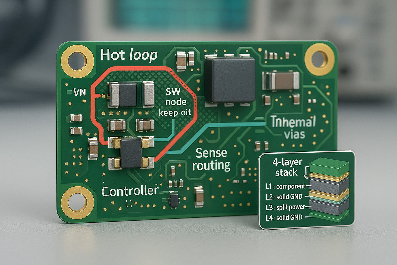 Annotated buck-boost PCB showing hot loop minimization, quiet sense routing, and thermal via fields.