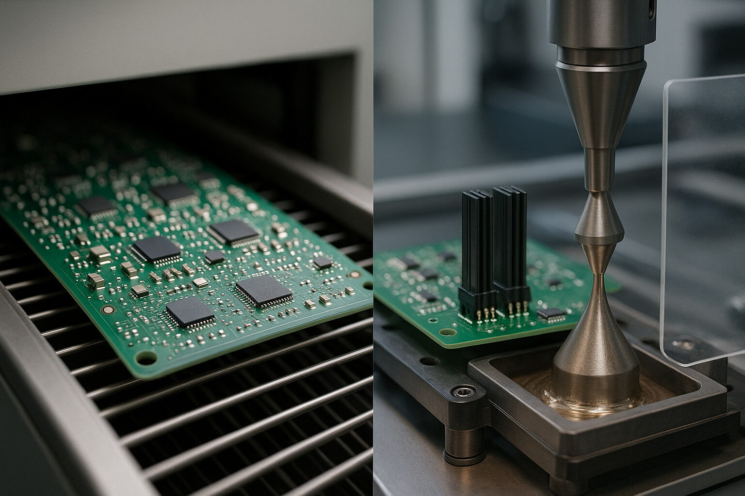Side-by-side comparison of SMD reflow and THT selective solder processes.