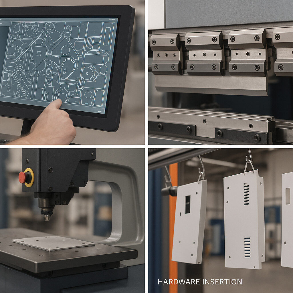 Storyboard des Blechbearbeitungsprozesses vom Schneiden über Finish bis zur Montage.