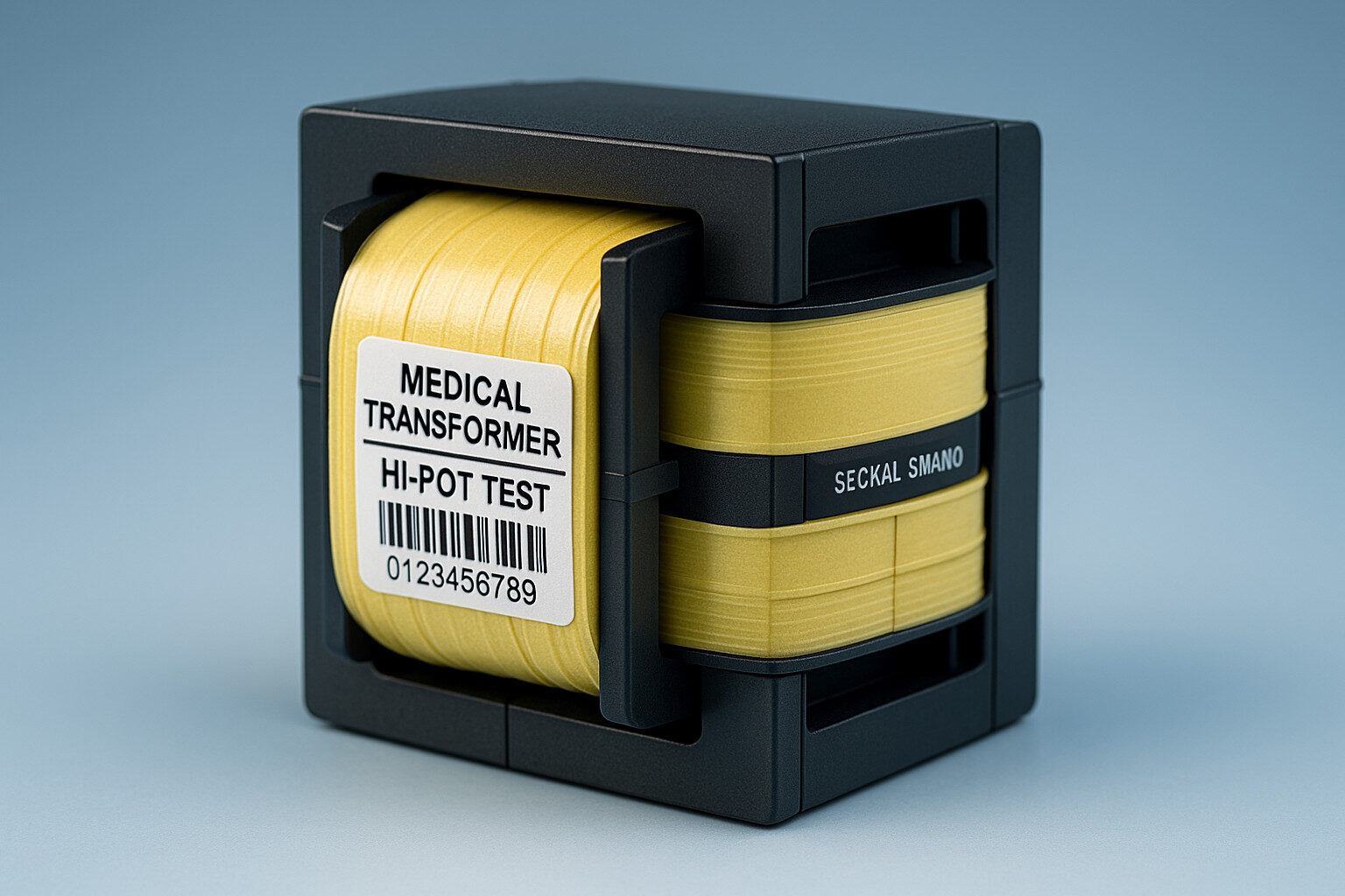 Close-up of a medical transformer showing reinforced insulation and test labeling.
