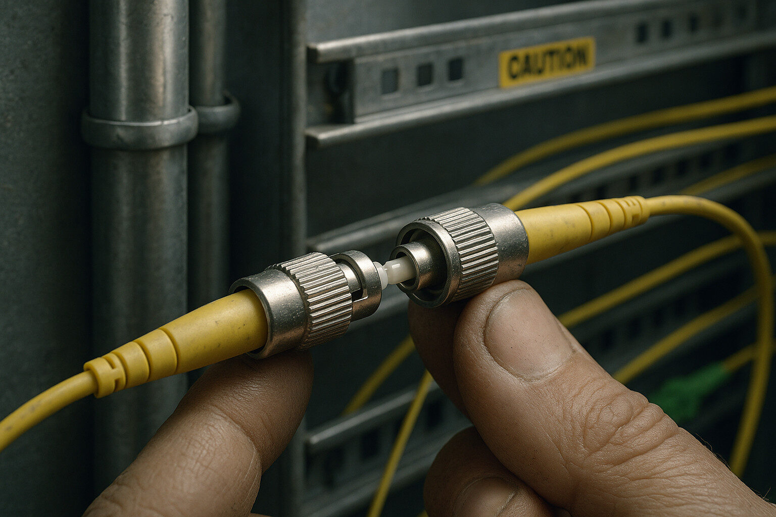 Technician twisting an ST connector bayonet coupling in an industrial cabinet.