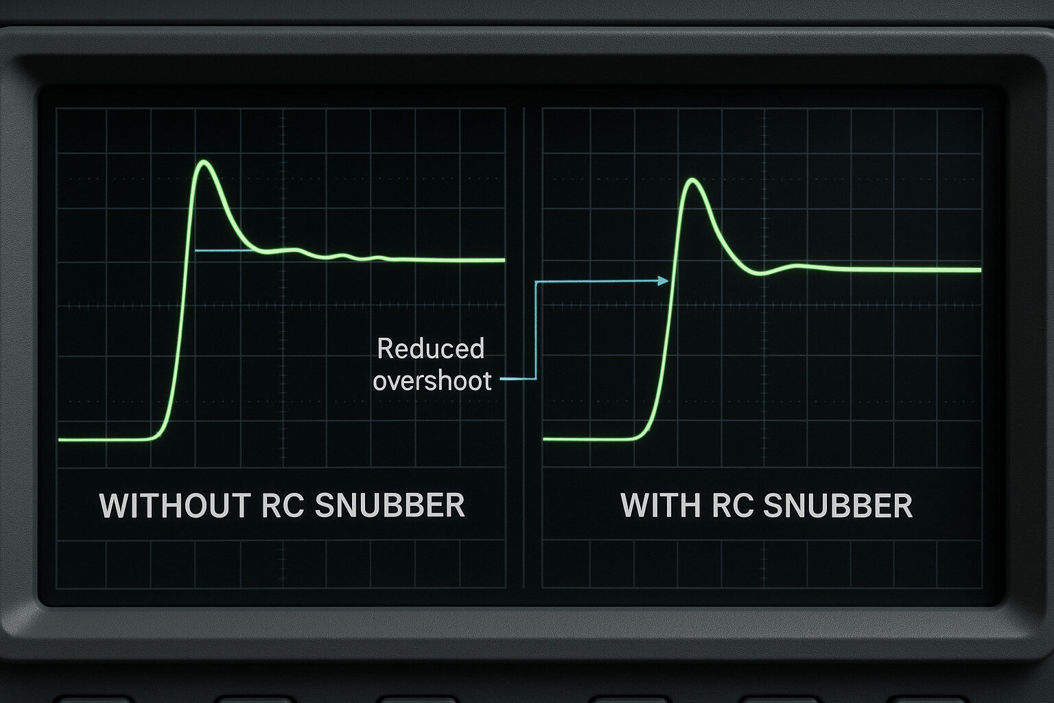 Scope captures showing reduced switching node ringing after snubber optimization in a hard-switching supply.