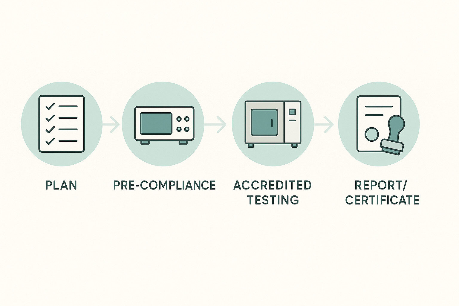 Workflow from pre-compliance to accredited electrical safety test certificate.