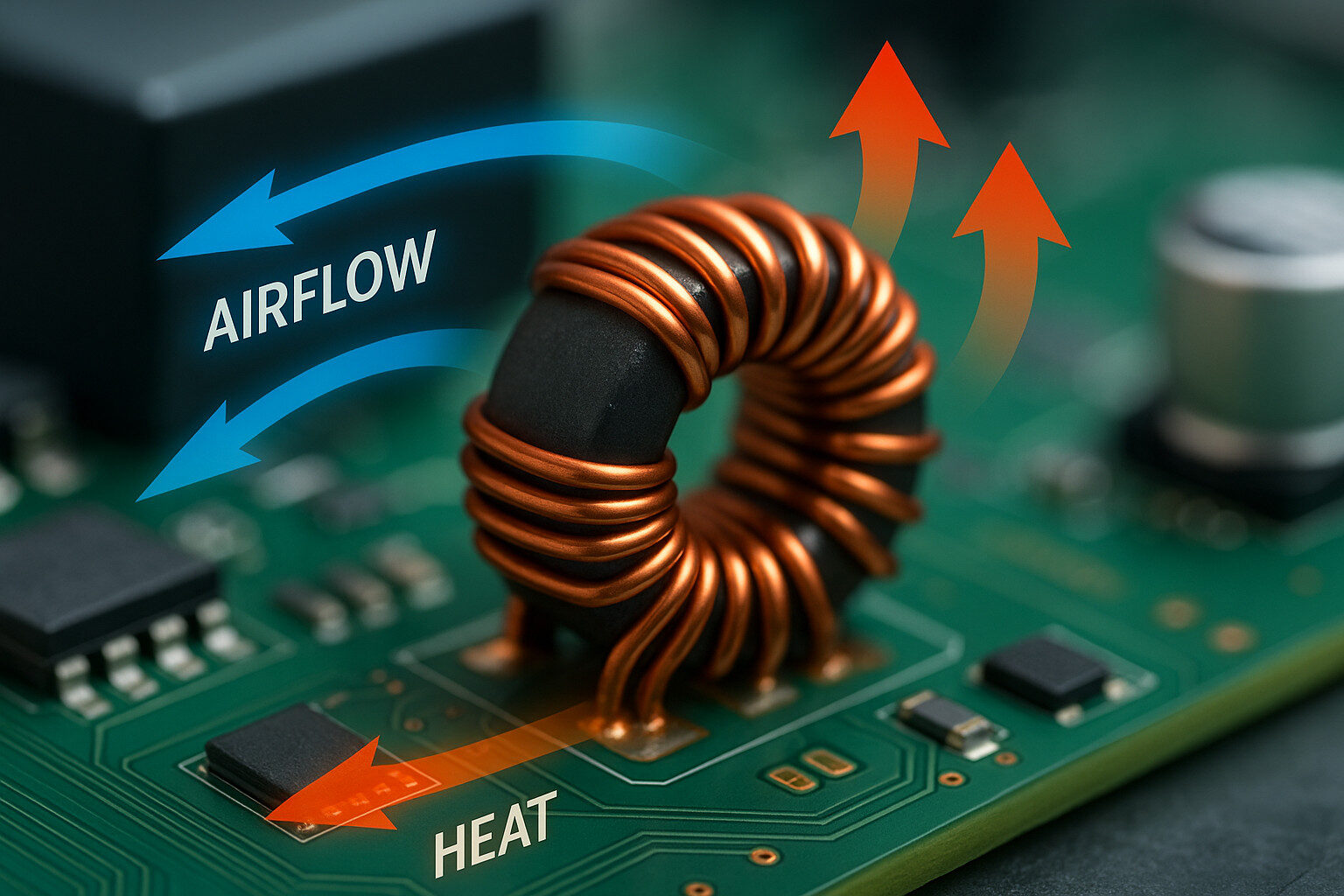 Power PCB with a toroidal inductor built on a nanocrystalline core, showing thermal and airflow considerations.