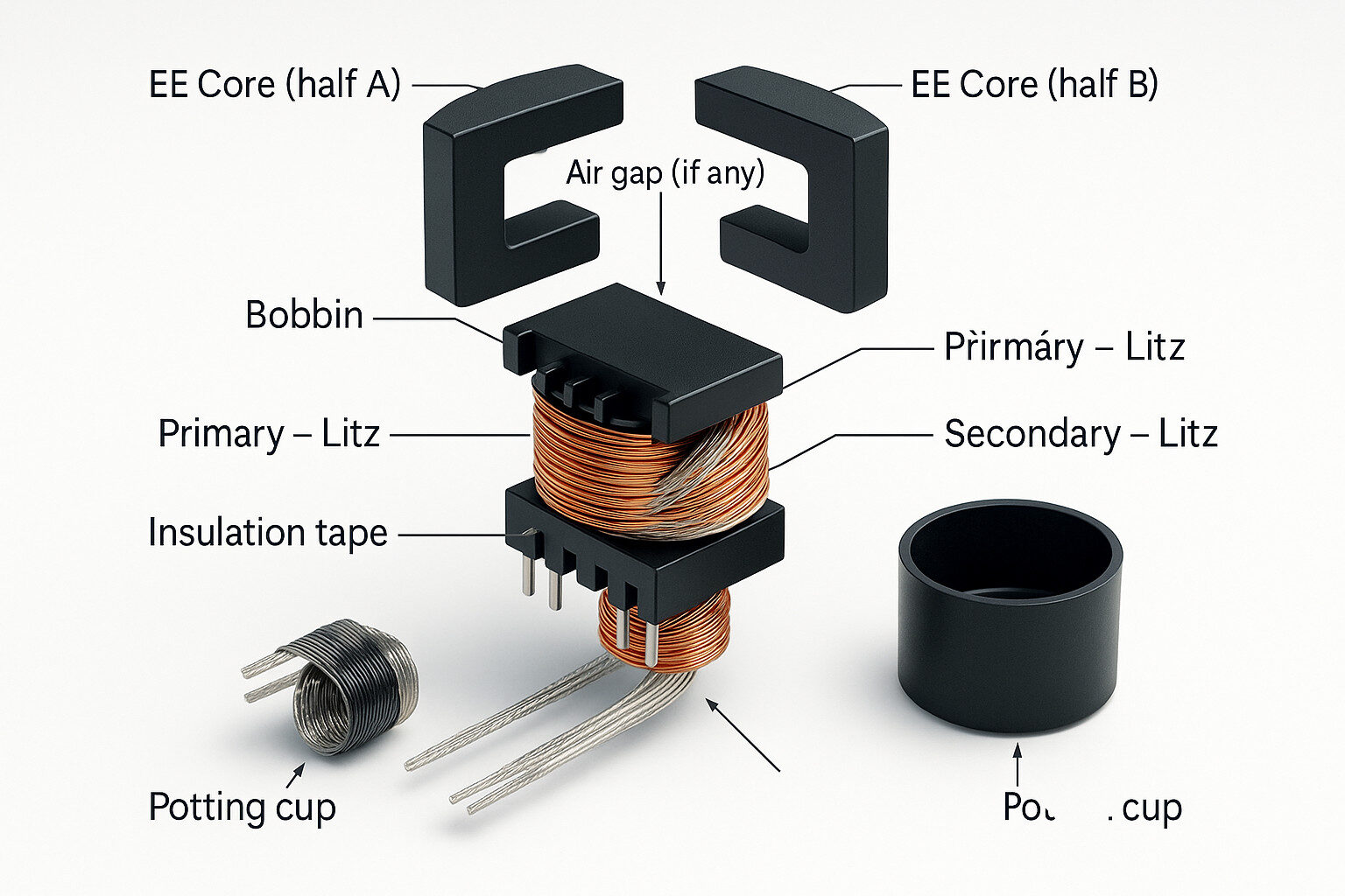 Exploded view of a high frequency transformer including ferrite core, bobbin, interleaved windings, and potting cup.