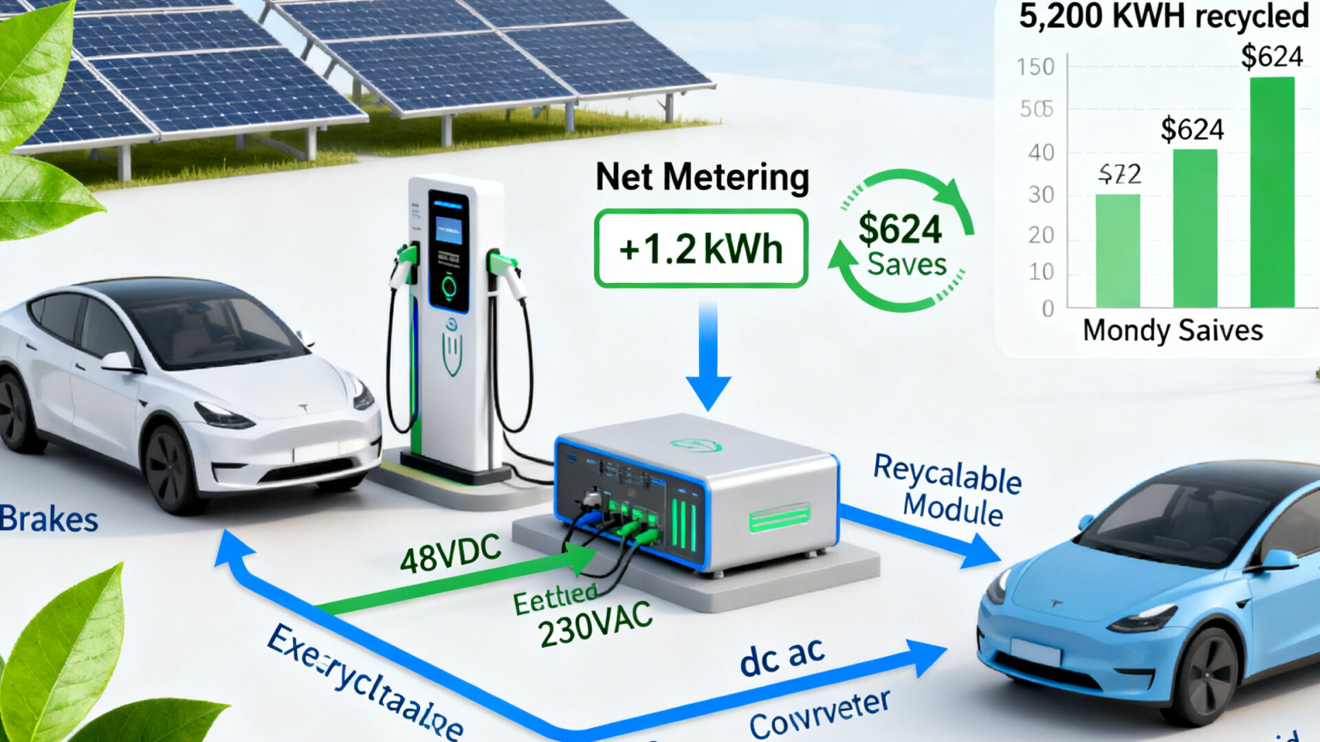 Diagramm einer EV-Ladestation mit Energie Rückgewinnung. Bei Bremsung eines EV fließt überschüssige 48VDC-Energie zum rückgewinnbaren Modul, das sie über einen DC-AC-Energieumrichter in 230VAC umwandelt. Die Energie wird zurück ins Netz eingespeist (Netznutzungsabrechnung zeigt +1,2kWh) oder für ein anderes EV wiederverwendet. Ein Säulendiagramm zeigt monatliche Einsparungen: 5.200 kWh zurückgewonnen, 624 € eingespart. Im Hintergrund Solarpanelen und Nachhaltigkeits-Symbole.