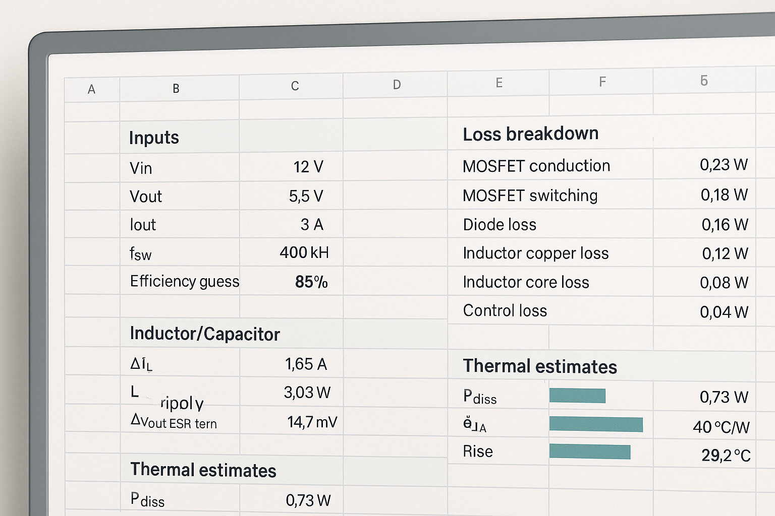 Calculation worksheet for buck-boost inductor and capacitor sizing with loss and thermal estimates.
