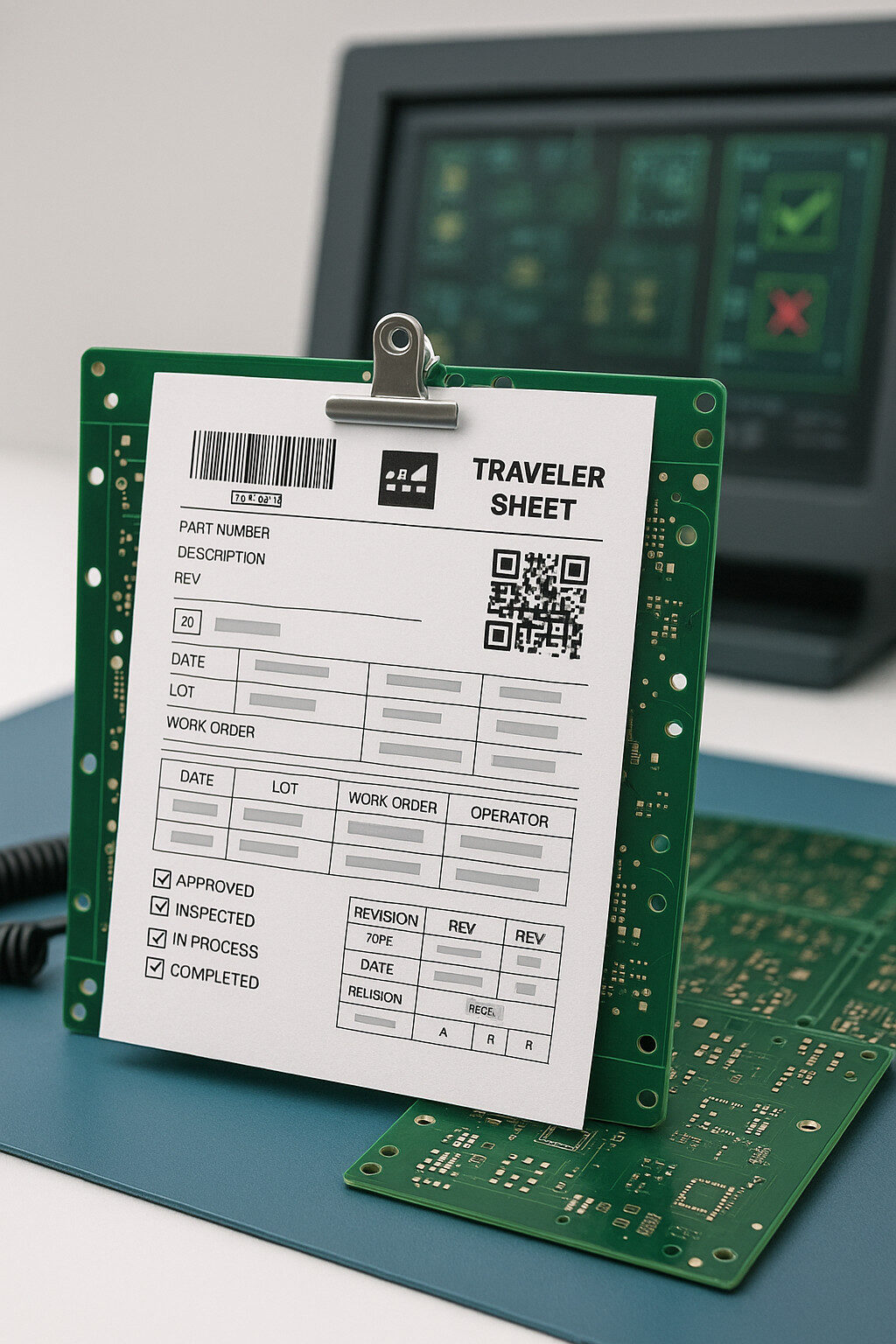 Industrial PCB production traveler and digital traceability during assembly and test.