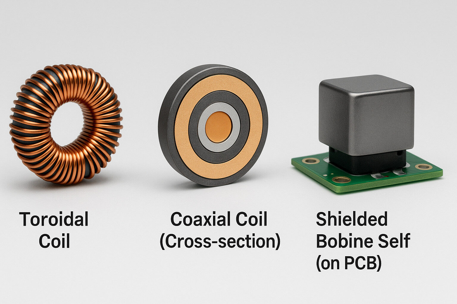 Comparison of toroidal coil winding, coaxial coil cross-section, and a PCB-mounted bobine self.
