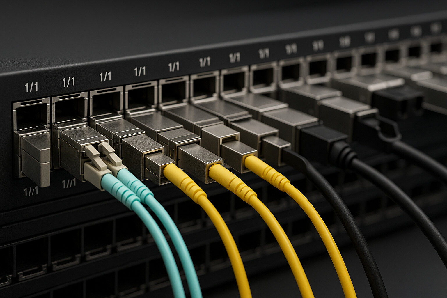 Network switches populated with SFP+/QSFP transceivers and LC duplex patch cords.