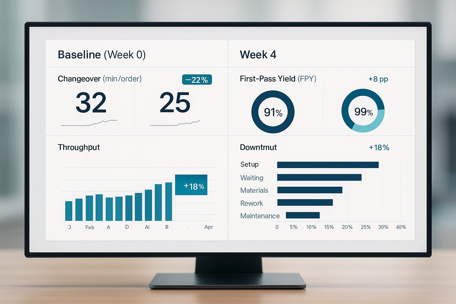 KPI dashboard showing production line efficiency improvement over four weeks.