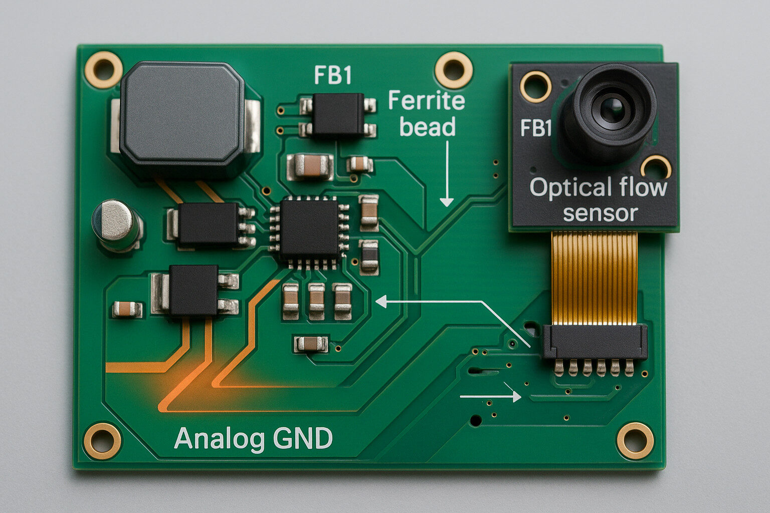 Mixed-signal PCB integrating a buck-boost converter and an analog integrated 2-D optical flow sensor with careful grounding.