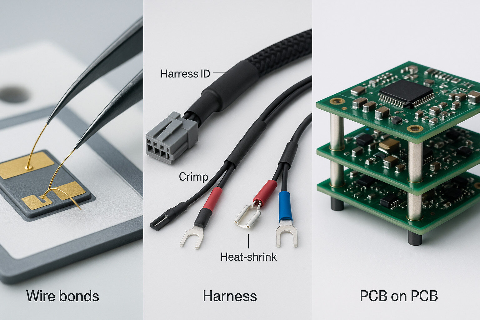Wire bond hybrid, validated cable assembly, and a compact PCB-on-PCB stack for integration.