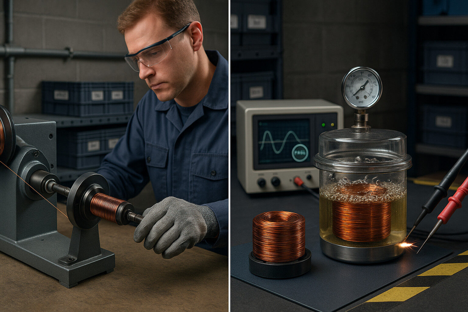 Magneto coil winding with resin impregnation and surge testing in an industrial lab.