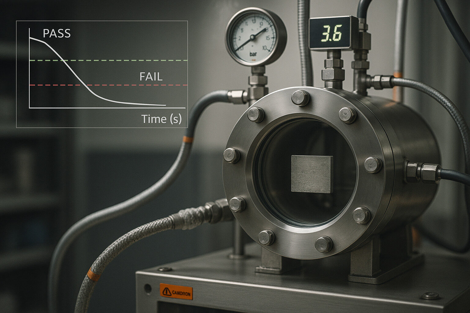 Rapid depressurization chamber running a safety validation on a sealed device.