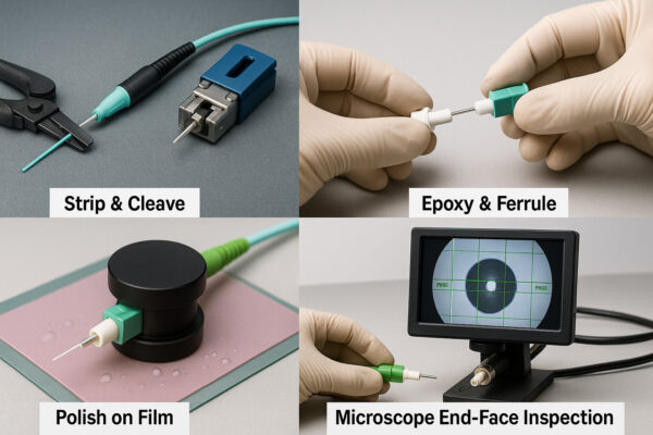 Storyboard of fiber optic cable assembly from termination to end-face inspection.