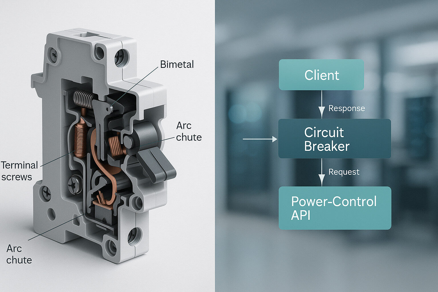 Miniature circuit breaker internals alongside a microservices circuit breaker pattern protecting a power-control API.