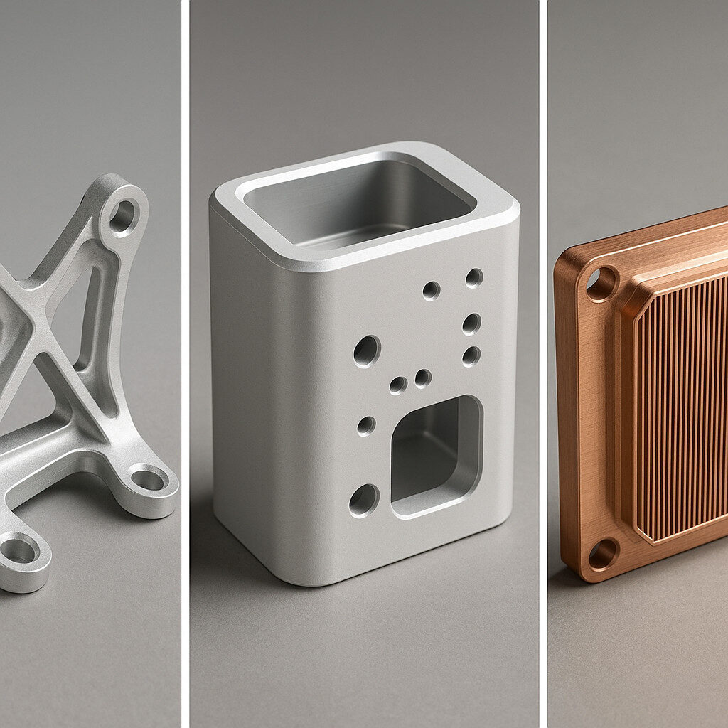 Examples of precision CNC metal machining: aerospace bracket, medical housing, and copper heat spreader.